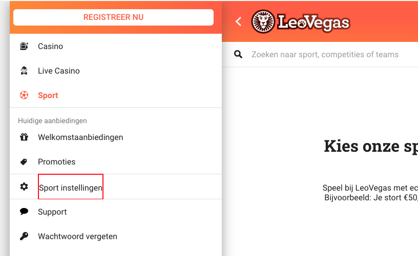 Sport instellingen van LeoVegas.nl