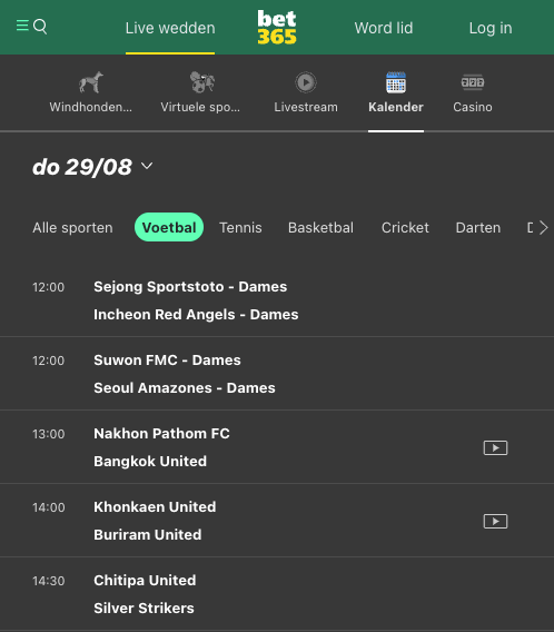 Voetbal Live wedden kalender bij Bet365