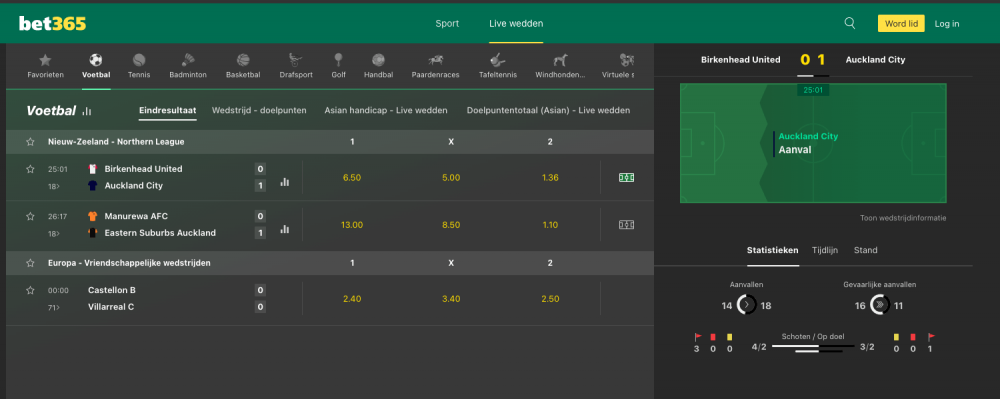 Live Wedden op Voetbal bij Bet365 Nederland