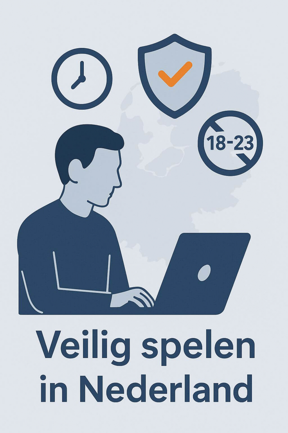 Illustratie van veilig online gokken in Nederland met een speler achter een laptop, beschermingssymbolen en de kaart van Nederland op de achtergrond